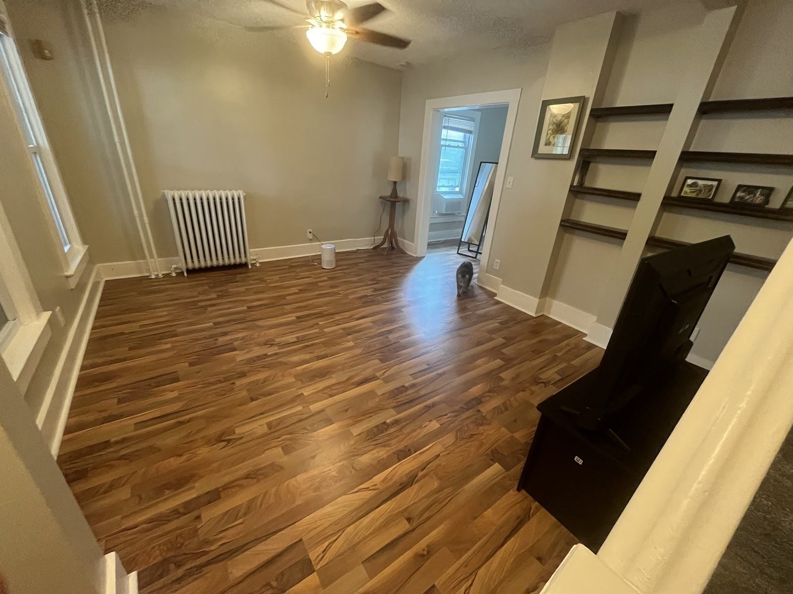 Living room with a new wood-look plank floor, fresh white walls and trim, and a cast iron radiator