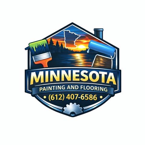 Minnesota Painting and Flooring badge logo with a lake sunset, a brush and a roller